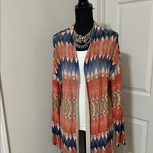 Chico's Vibrant Geometric Cardigan in Orange, Blue, and Tan